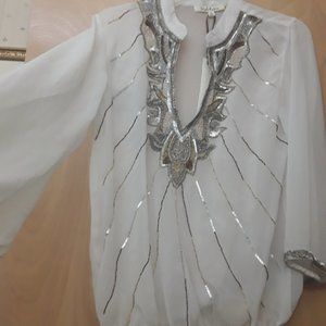 White Beaded Sheer Anthro Solitare Top NWT